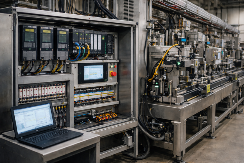 Painel de automação integrado a uma máquina industrial